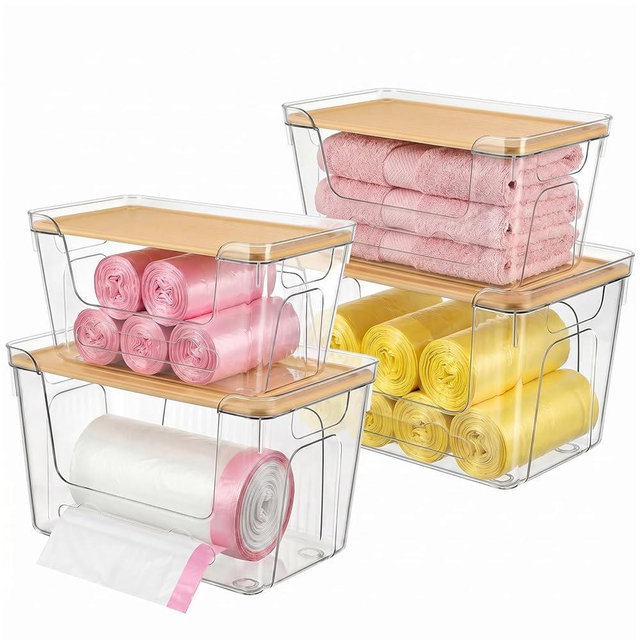 CANTAMI 4 Pack Trash Bag Dispenser With Lid, Stackable Plastic Trash Bag Holder, Clear Trash Bag Organizer for Kitchen, Laundry Room, Under Sink Organization and Storage