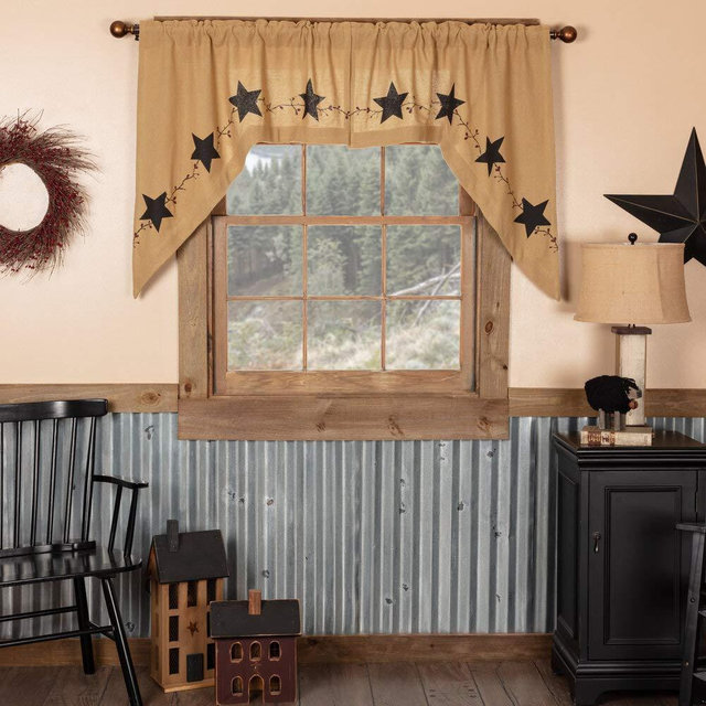 Pine Valley Quilts Star and Pip Country Primitive Burlap Swag Curtain Set of 2 36x36x16