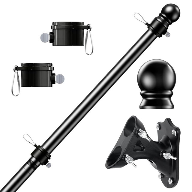 PHITRIC Flag Pole Kit, Tangle Free Spinning Stainless Steel Rustproof Flagpole for 3x5 Sports Fan Outdoor Flags for Outside House (Black, 5FT, with Bracket)