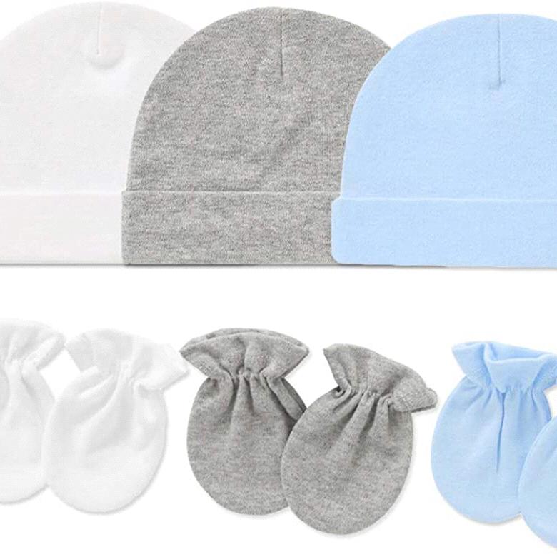 Baby Cap and Mitten Set - Soft Cotton Newborn Hospital Hat with Scratch Mitten Set for Boys