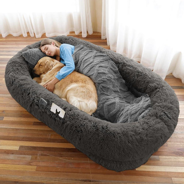 Human Dog Bed, 71''x45''x12'' Size Fits You and Pets, Washable Faux Fur Dog Bed for People Doze Off, Napping Orthopedic Dog Bed, Present Plump Pillow, Blanket, Strap - Dark Grey