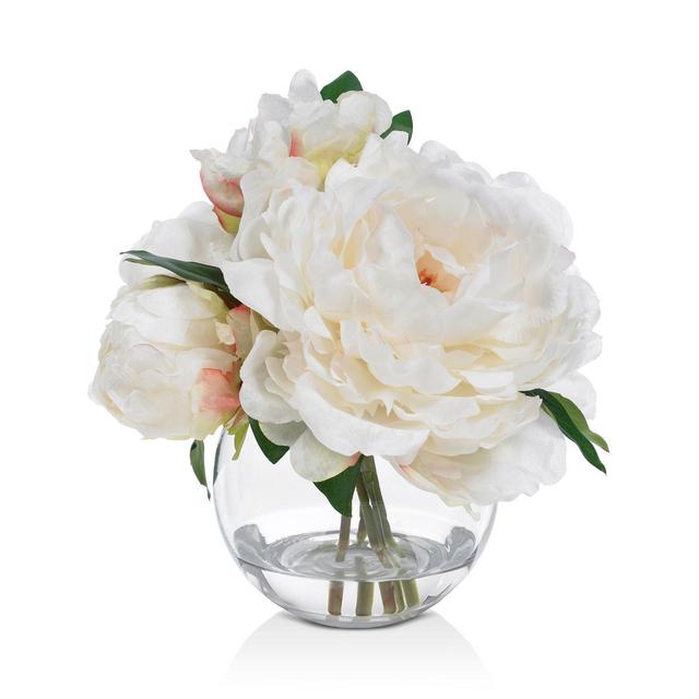 Diane James Home Blooms Cream Peony Faux Floral Arrangement in Glass Bowl