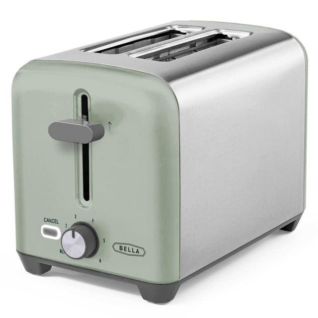 BELLA 2 Slice Toaster, Quick & Even Results Every Time, Wide Slots Fit Any Size Bread Like Bagels or Texas Toast, Drop-Down Crumb Tray for Easy Clean Up, Stainless Steel and Sage