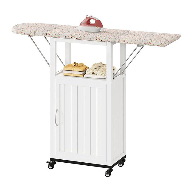 Rolling Ironing Board with Storage Cabinet, Folding Ironing Board with Wheels, Craft Table with Storage, Wooden Fold Down Ironing Station with Heat-Resistant Sponge(White with Wheels)