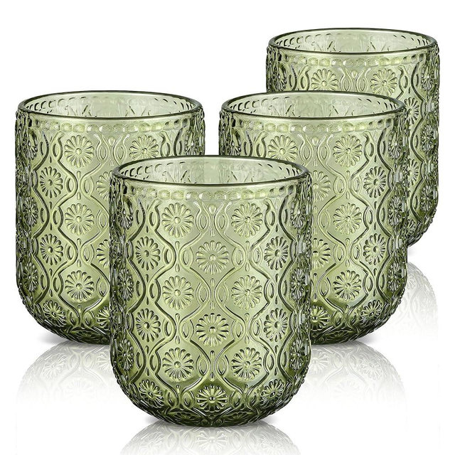 Joeyan Small Green Drinking Glasses,Vintage Embossed Floral Water Glass Tumbler Cups,Colored Beverages Cocktail Juice Wine Glassware,9 oz,Set of 4,Dishwasher Safe