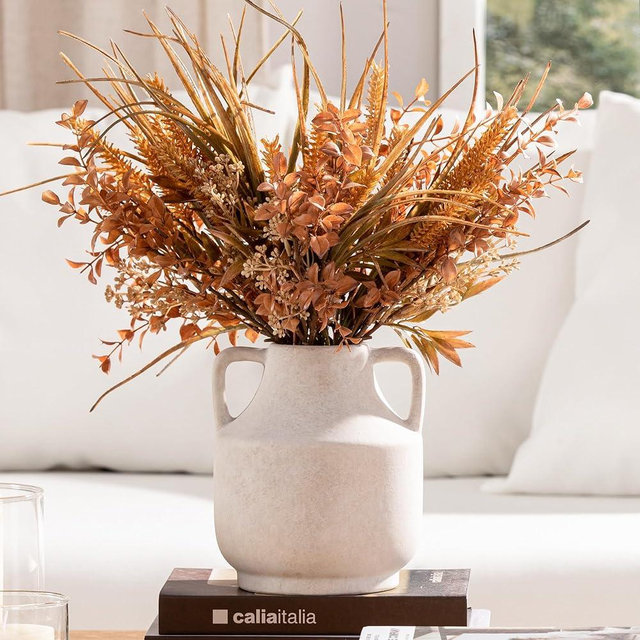 Mitt&Ditt Ceramic Flower Vase with Handles, 8 inch Tall Off-White Vase, Decorative Terracotta Vases, Farmhouse Rustic Pottery Vases for Home Decor, Living Room, Table