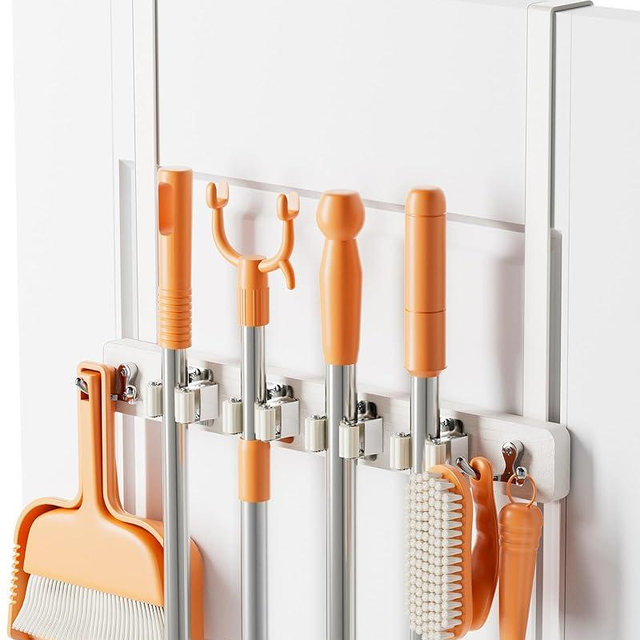 Vosturdy Mop and Broom Holder Wall Mount, No Drill Over the Door Broom and Mop Holder with 4 Slots and 4 Hooks, Wood Tool Hanger for Laundry, Cabinet, Kitchen, Garage