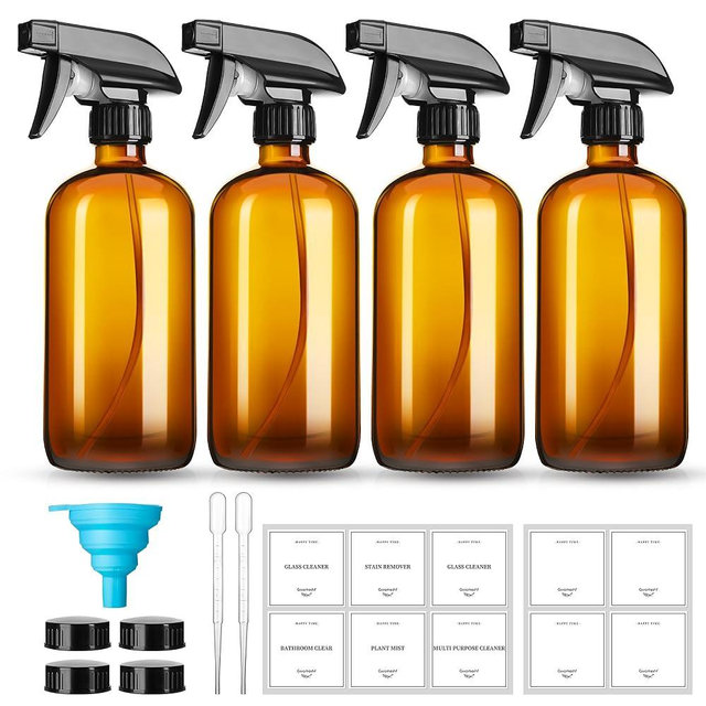 GIVAMEIHF 16oz Amber Glass Spray Bottles,4 Pack Glass Spray Bottles Refillable Empty Bottle with Adjustable Nozzle,Spray Bottle for Cleaning,Essential Oils,Cleaning,Pets,Plant, Hair Mister