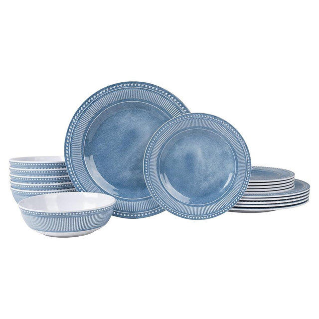 AELS Melamine Dinnerware Set of 18 Pcs, Dinner Dishes Set for Indoor and Outdoor Use, Melamine Plates and Bowls Set for 6, Dishwasher Safe, Lightweight Unbreakable, BPA Free, Soft Blue