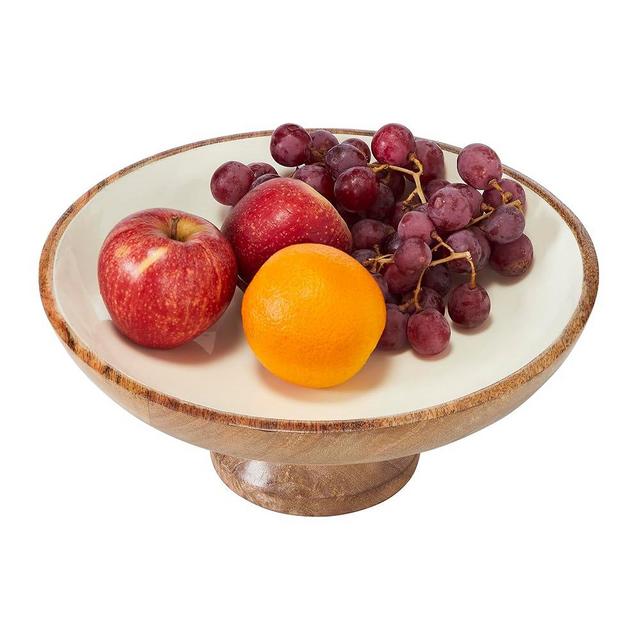 VHC Brands Natural with White Wooden Fruit Bowl 5.5x12x12, Kitchen Decor, Decorative Wooden Pedestal Bowl, Perfect Centerpiece for Table, Island, or Counter