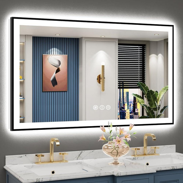 AWANDEE 50x30 Inch Black Framed LED Bathroom Mirror with Lights, Backlit & Front Lit, Anti-Fog Lighted Vanity Mirrors for Bathroom Wall, Dimmable, 3-Color Light, Memory, Shatter-Proof, Tempered Glass