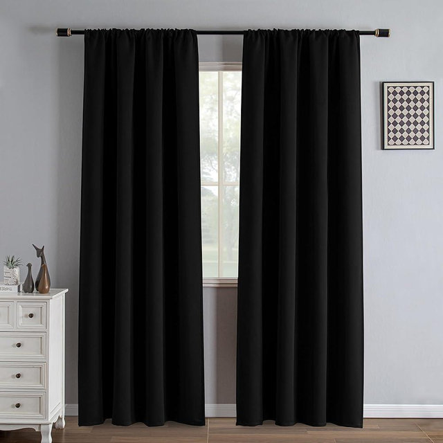 IGEMAEVE Black 100% Blackout Curtains 84 Inch Length 2 Panels Set, Black Out Curtains for Bedroom 84 Inch Long, Rod Pocket Energy Saving Room Darkening Drapes for Living Room Dining Room Window