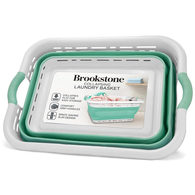 BROOKSTONE, 11 GALLONS - [OUR LARGEST BASKET] 24" Collapsible Laundry Basket, Comfort Non-Slip Grip Handles, Minimalist Space Saving Design, Portable Pop-Up Hamper, [BPA FREE], Mint, Retail Packaging