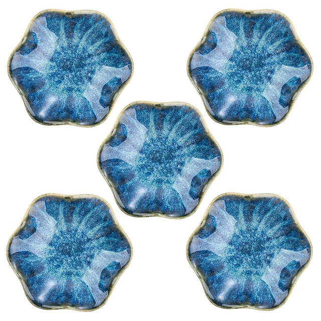 VanEnjoy Navy Blue Flower Plates Ceramic Floral Dishes Small Dipping Sauce Cups Soy Sauce Dish Prep Bowls - Set of 5