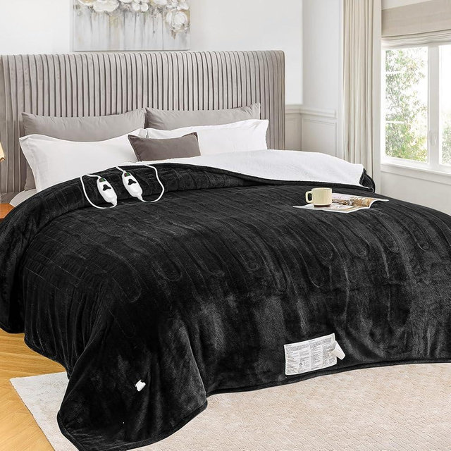 greenoak Heated Blanket Electric Queen Size 84"X90" Dual Control, Heating Blanket 10 Heat Levels 1/2/4/6/8 Hours Auto-Off, Sherpa Soft Warm Christmas Blanket,Lacquered Black