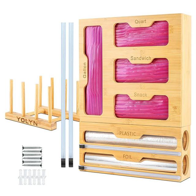 YOLYN Ziplock Bag Organizer & Wrap Dispenser with Cutter for Drawer, 6 IN 1 Foil and Plastic Wrap Organizer & Dish Rack, Compatible with 12" Aluminum Foil Rolls, for Gallon, Quart, Sandwich, Snack