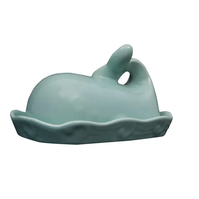 Storied Home Coastal Stoneware Whale Shaped Butter Dish, Aqua Blue