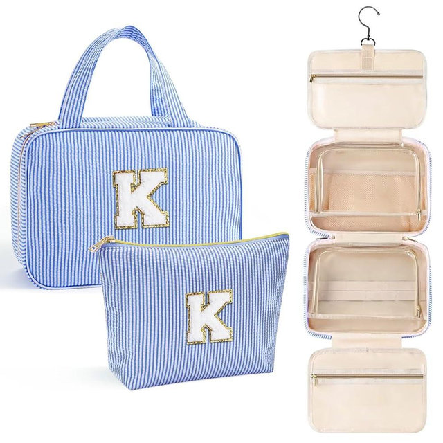 YOOLIFE Initial Toiletry Bag Travel Makeup Bag for Women - Hanging Toiletry Bag, Personalized Birthday Gifts for Women, Vacation Airplane Essentials - Letter K, Blue