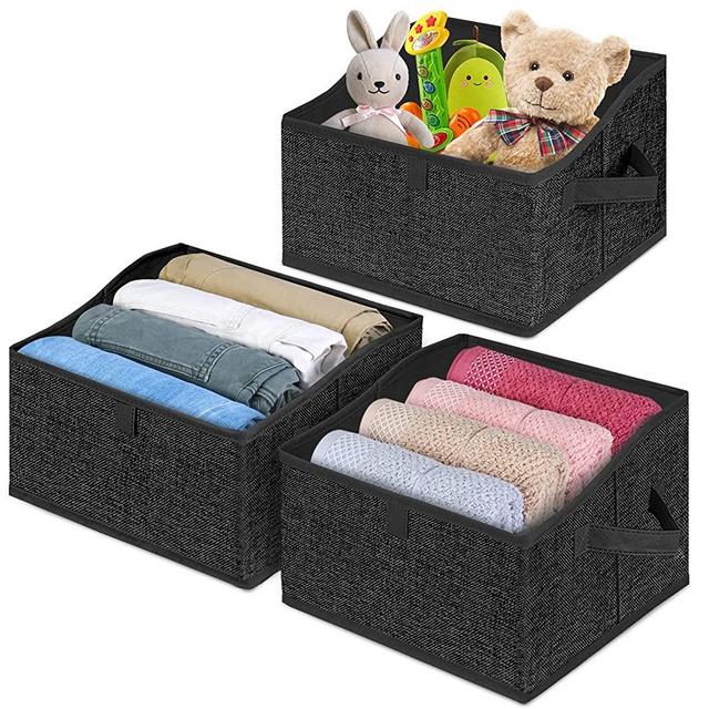 BALEINE 3 Pack Closet Storage Bins for Shelves, Trapezoid Clothing Organizer with Handles, Foldable Linen Fabric Box Containers for Home Bedroom Office, Black Small