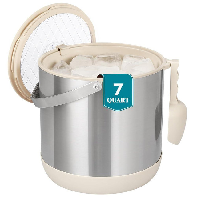6.8L/7QT Insulated Ice Bucket with Lid & Scoop,Double-Wall Ice Bucket for Parties,Cocktail Bar(White)