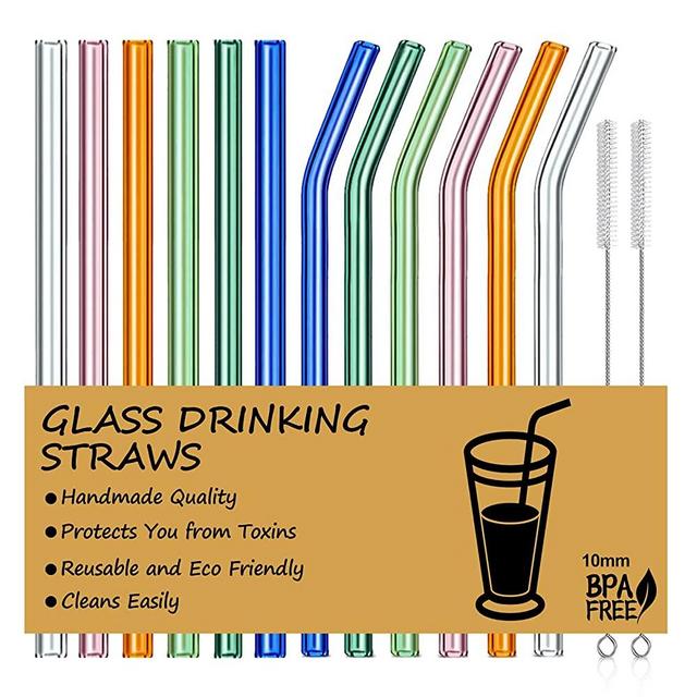 Reusable Glass Straws, 10mm Glass Drinking Straws, 6 Bent 6 Straight with 2 Cleaning Brushes, Non-Toxic, BPA Free Glass Straws for Beverages, Shakes, Milk Tea, Juices (Multicolor)