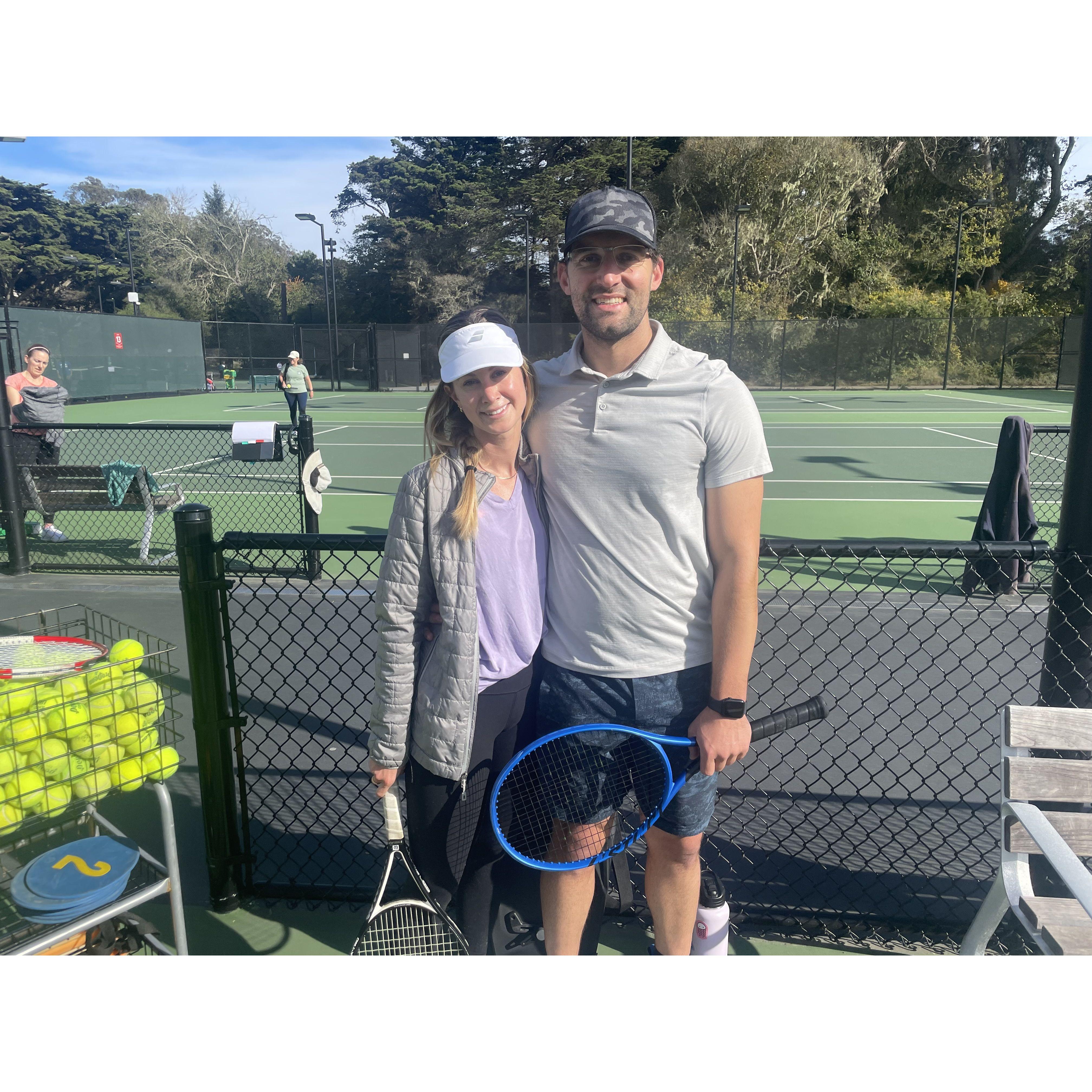 Learning to play tennis together, we still can't beat Meghan's parents in doubles though....