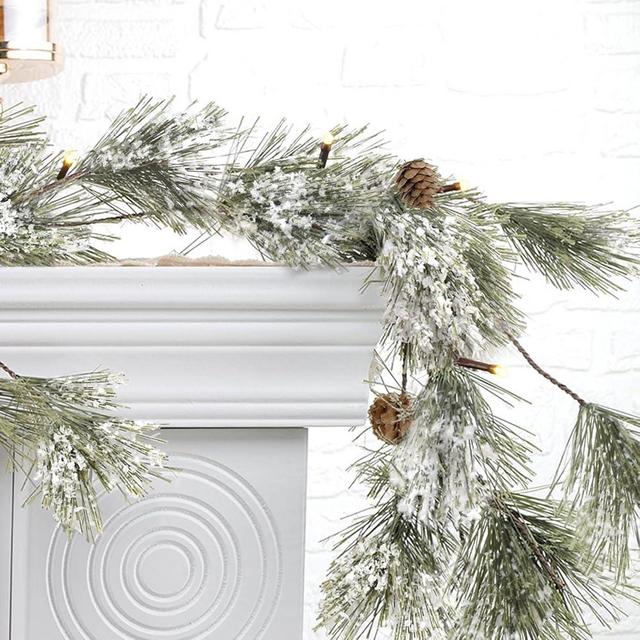 6.4FT Christmas Snowflake Winter Garland, Real Touch White Frosted Garland, Snowy Flocked Holiday Decorations for Home, Smokey Pine Garland with Snow Covered
