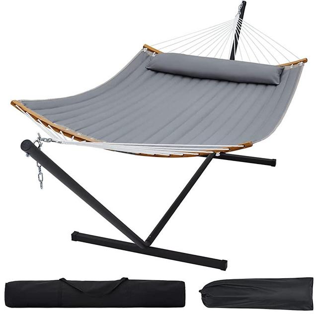 SUPERJARE 12FT Double Hammock with Stand, 2 Person Quilted Fabric Hammock with Detachable Pillow, Portable Hammock with Carrying Bag, Perfect for Patio, Camping Indoor and Outdoor - Gray