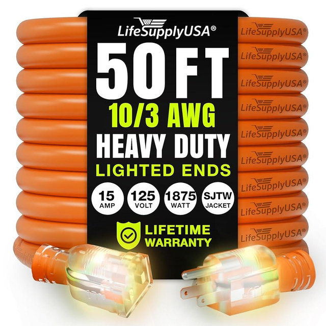 50ft Outdoor/Indoor Extension Cord 10/3 Gauge Ultra Heavy Duty 3 Prong SJTW, Waterproof, Flexible Cold-Resistant Long Power Cord,15A 125V 1875W, Orange by LifeSupplyUSA