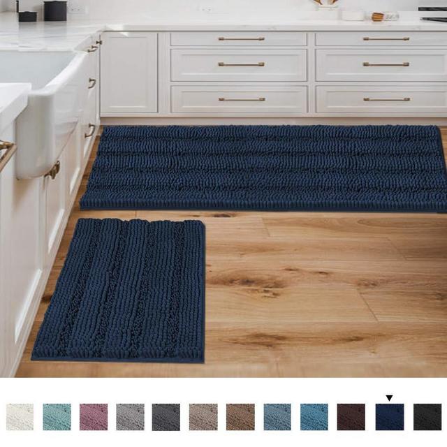 Bathroom Rugs Bath Mats Sets Super Absorbent Chenille Striped Bath Mats Non Skid Machine Wash Dry Rugs for Bathroom Floor Set of 2(Navy, 47 x 17 Plus 17 x 24 - Inches)