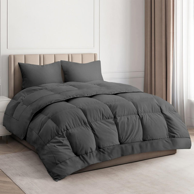 CGK Linens Premium All-Season Down Alternative Comforter - Fluffy Oversized Duvet Insert in Dark Grey, Size Queen