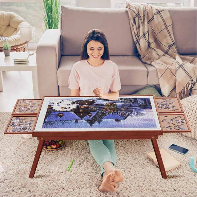 Puzzle Board 1500 Pieces,34.3”x 26.5” Jigsaw Puzzle Table with 4 Drawers and Cover,Portable Board GameTable with Folding Legs for Adults and Teens(Walnut Color)