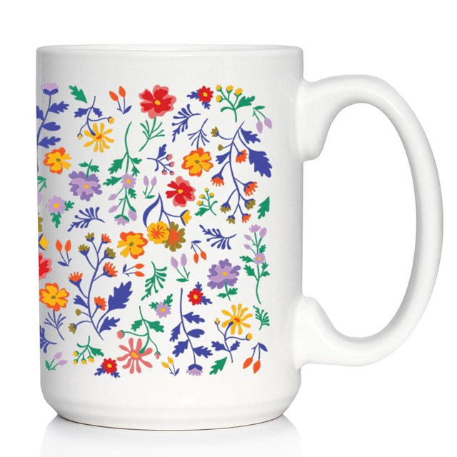 Bevvee Spring Floral Coffee Mug - Flower Gifts for Women - Large White Ceramic 15oz Coffee Cup