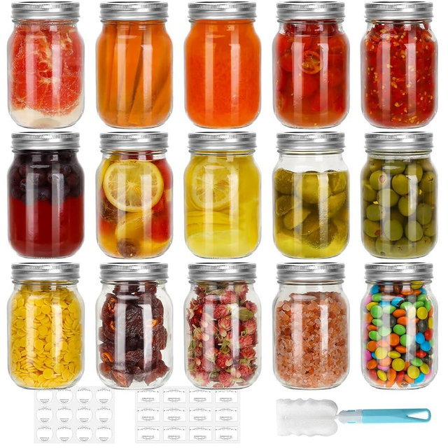 CycleMore 16 oz Mason Jars With Airtight Lids and Brands 15 Pack Glass Canning Jars with Regular Mouth, Pint Clear Glass Jar For DIY Projects, Food Storage and Fermenting with Brush & 24 Labels