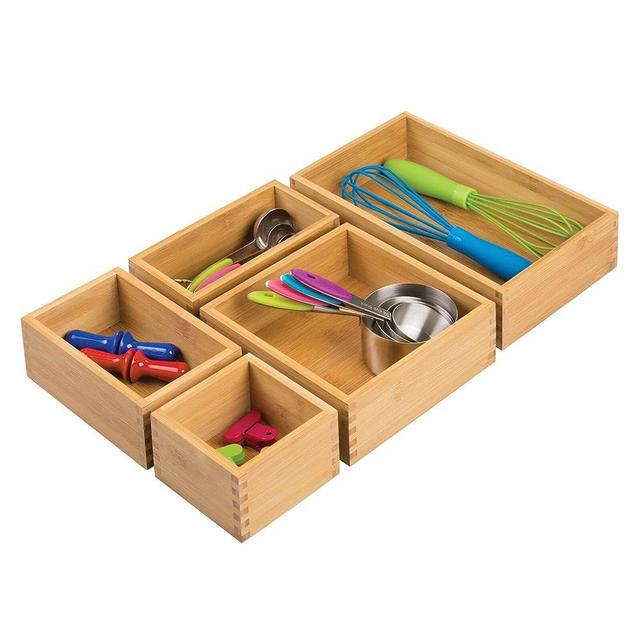 mDesign Bamboo Wood Kitchen Cabinet Drawer Organizer Tray Bins - Multipurpose - Use in Drawers, on Countertops, Shelves or in Pantry - Varied Sizes - Echo Collection - Set of 5 - Natural