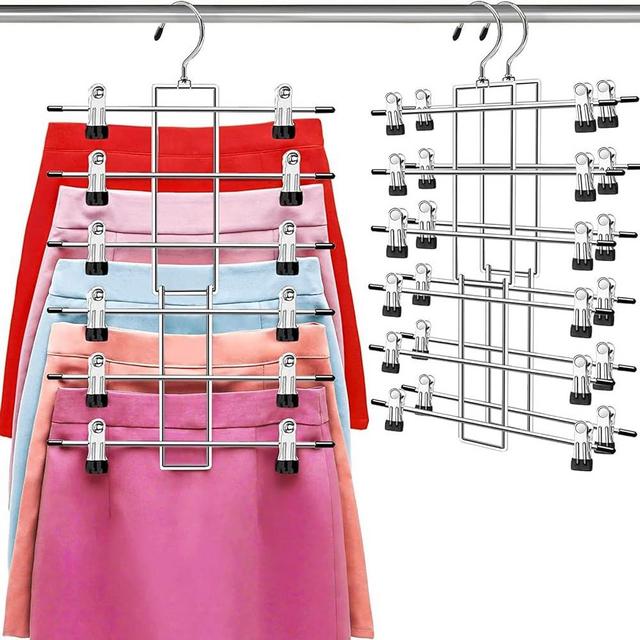 Hangers,Pants Hangers,Clothes Hangers-6 Tiers Skirt Hangers with 360° Swivel Hook,Hangers Space Saving with Clips,Closet Organizer -Baby Hangers- 2 Pack Pant Hangers