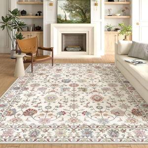 Washable Area Rug 8x10 - Large Cream Colorful Boho Rugs for Living Room Soft Vintage Bedroom Rug Ultra-Thin Traditional Floral Carpet Farmhouse Rug for Dining Room Guest Room Home Decor