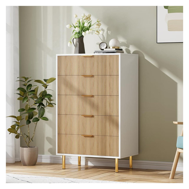 Dresser, Modern 5 Drawer Dresser for Bedroom with Gold Handle and Large Drawer, Wood Double Chest of Drawers and Storage Organizer for Living Room
