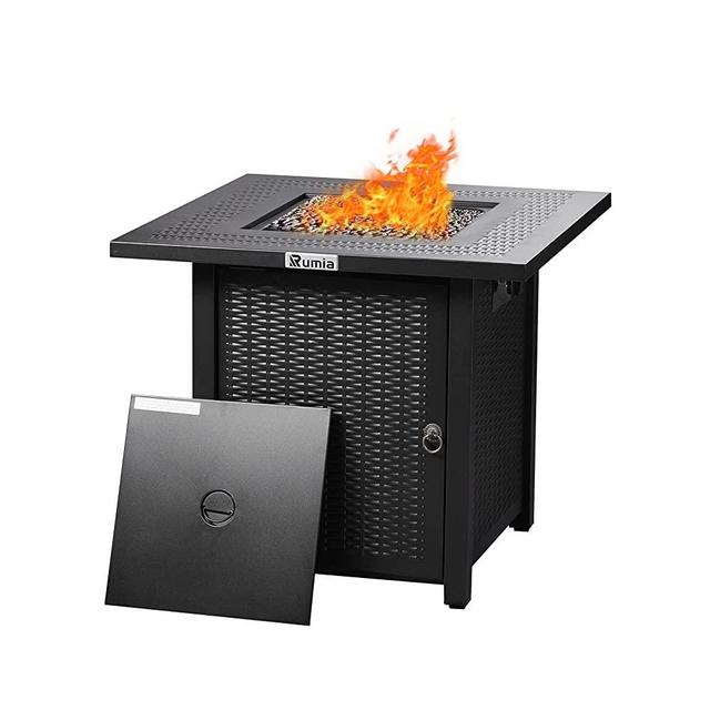 28'' Propane Fire Pit Table, Rumia Auto-Ignition Fire Pit, Rattan & Wicker-Look Square Fire Table with Lid, CSA Safety Certification, Adjustable Flame, for Garden/Patio/Courtyard