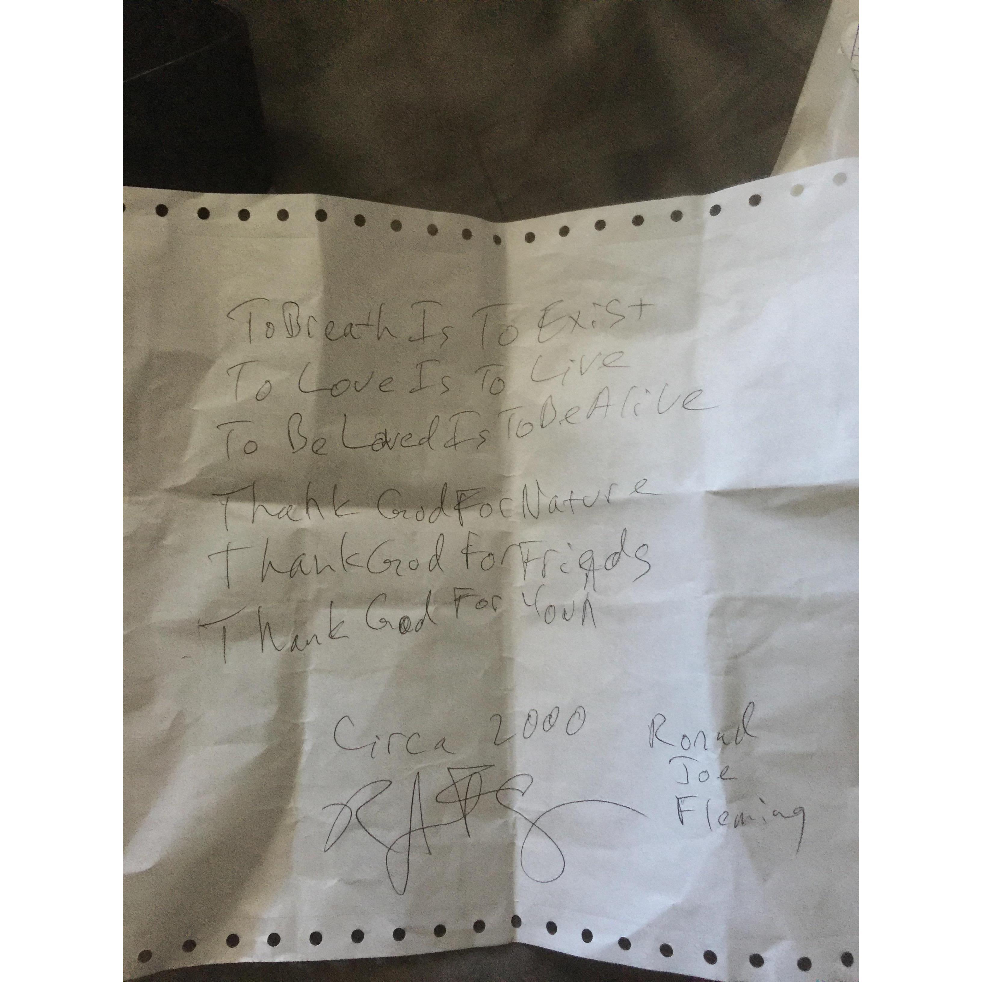A poem written to us on an airplane by a complete stranger on our way back from Dallas.