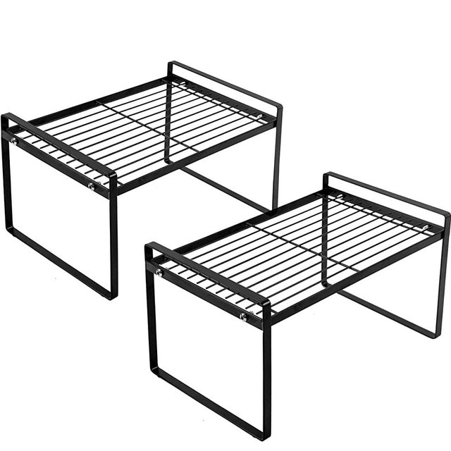 Shantton 2 Pack Kitchen Cabinet Shelf Counter Organizer Rack Pantry Storage Bathroom Bedroom Office Table Desk Space Saving Steel Frame Stackable Rust Resistant Non Slip Black