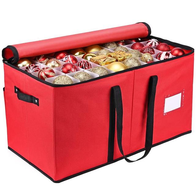 Mrrihand Christmas Ornament Storage Box, Xmas Decoration Organizer with Adjustable Dividers - Storage Container Keeps 128 Holiday Ornaments 3-Inch, Dual Zipper Closure, 600D Tear-Proof Material(Red)