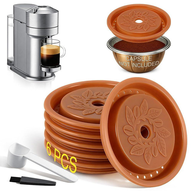Saillong 6 Pack Reusable Coffee Capsule Lids, Compatible with Nespresso VertuoLine, Food Grade Silicone Refill Caps, with Scoop & Brush (No Capsule)