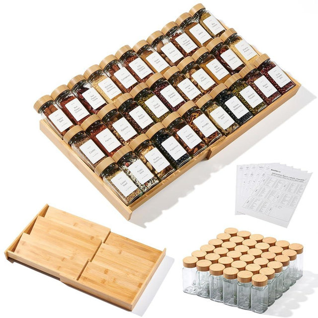 KitHero 3-Tier Expandable Bamboo Spice Drawer Organizer, Adjustable Width 12" to 21", Kitchen Storage with 36 Glass Jars & Bamboo Lids, 216 Labels, Non-Slip Design for Cabinet & Countertop