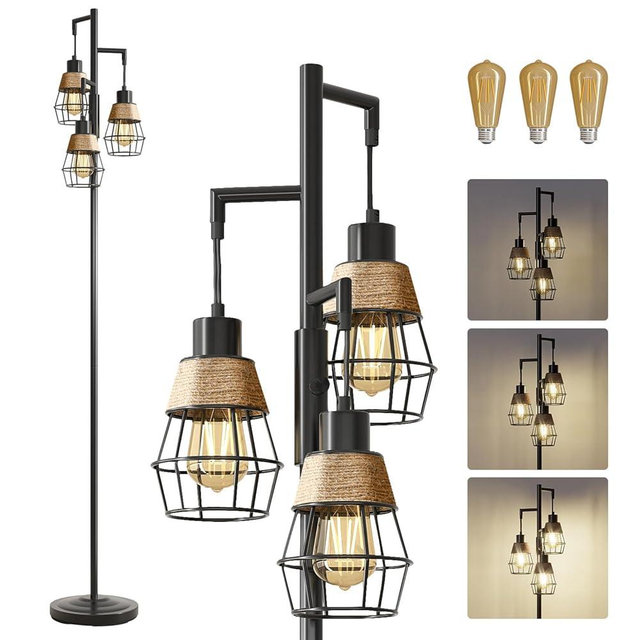 Oneach 68" Floor Lamps for Living Room, Stepless Dimmable Boho Floor Lamp with 3 Bulbs, Tall Farmhouse Industrial Corner Standing Tree Lamp for Bedroom, Office, Study Room, Dining Room, Black
