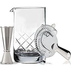 Premium Crystal Cocktail Mixing Glass Set - Includes Mixing Spoon, Strainer, Jigger and 17oz 500ml Cocktail Glass - Sturdy, Thick Base - Perfect for Amateurs & Pros - Great Gift