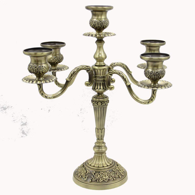 H36cm Bronze Floral Carved 3/5 arm Metal candlesticks Iron Candle Holder Vintage Bird cage Candelabra for Home Decoration (5 Branch Bronze)