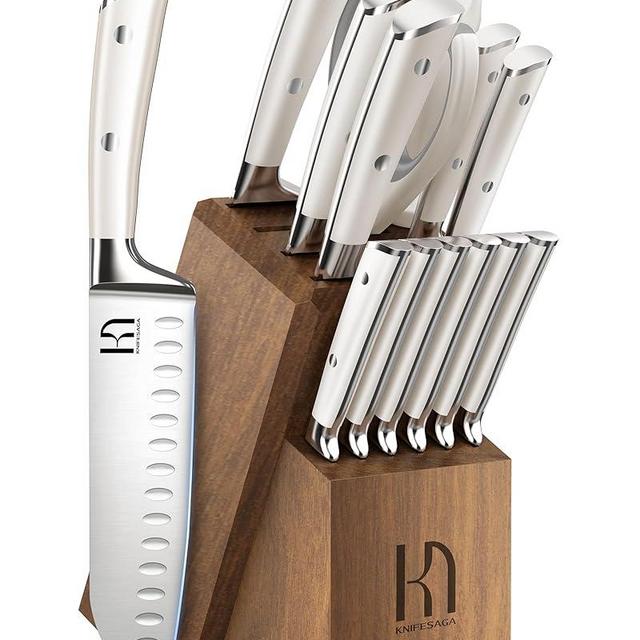 KnifeSaga Knife Set, Premium 15 Pcs Japanese Kitchen Knife Block Sets High Carbon Stainless Steel with Sharpener, Razor Sharp Knives Set for Kitchen with Wood Knife Block, Ergonomic Full-tang Handle