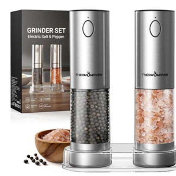 ThermoMaven Upgraded Larger Capacity Electric Salt and Pepper Grinder Set, 110ml Rechargeable Salt and Pepper Shaker with LED Light, Stainless Steel Automatic Pepper Mill with 6 Adjustable Coarseness