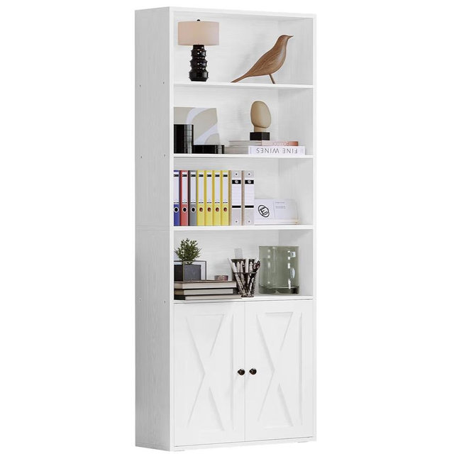 Industrial Bookshelves and Bookcases with Doors Floor Standing 6 Shelf Display Storage Shelves 70 in Tall Bookcase for Home Office, Living Room